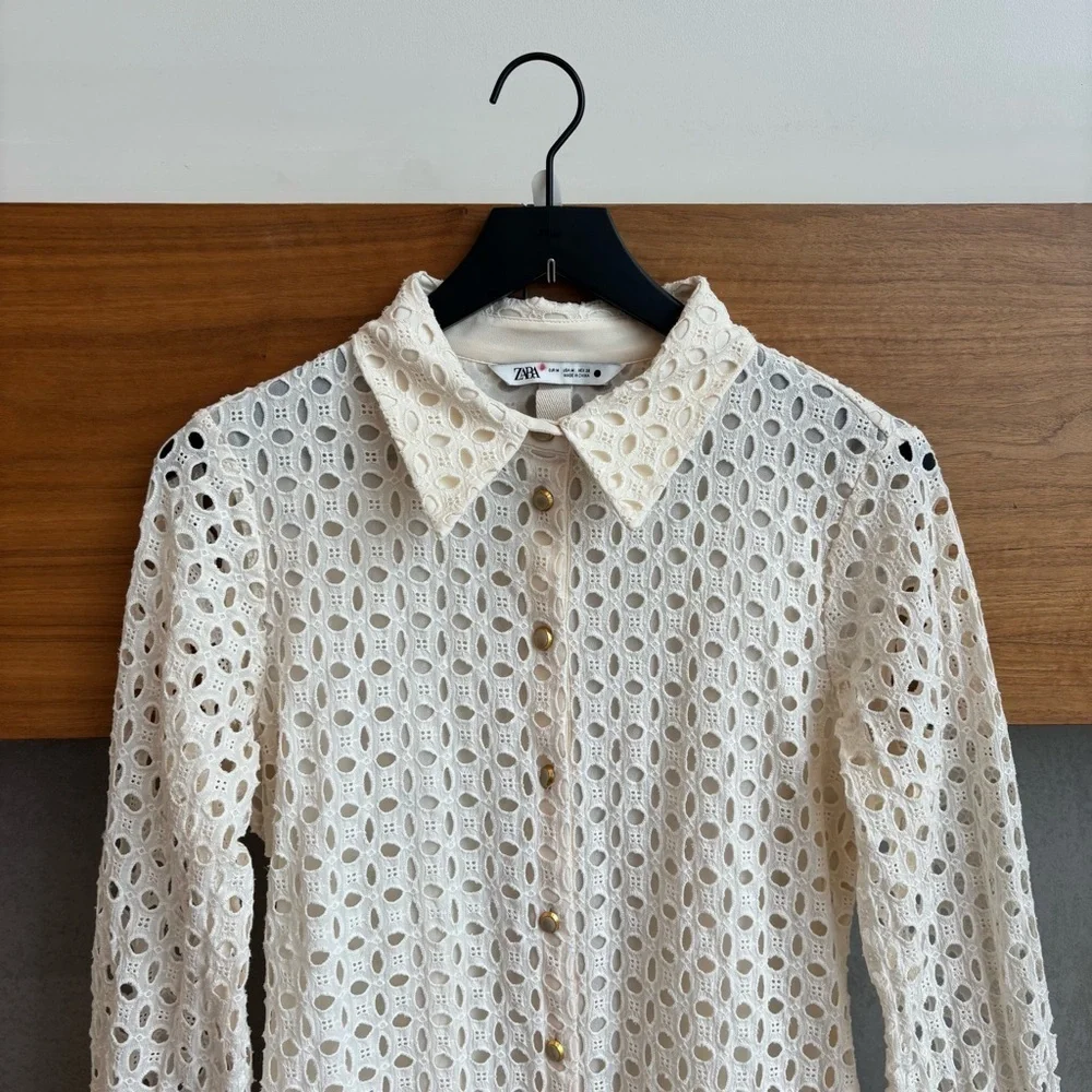 ZARA CREAM EMBROIDERED CUTWORK MIDI DRESS, SIZE M